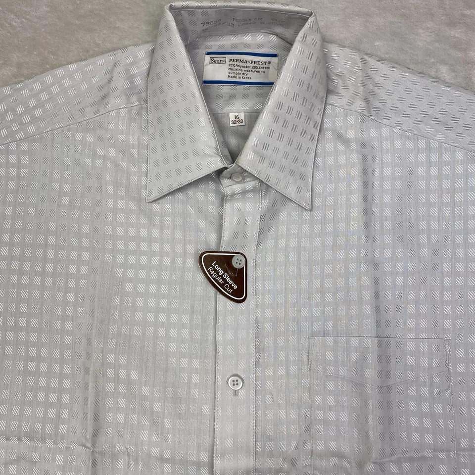 全新带标签复古 Sears Perma-Prest 正装衬衫白色几何长袖 16 32/33 — 第 2/4 张图片