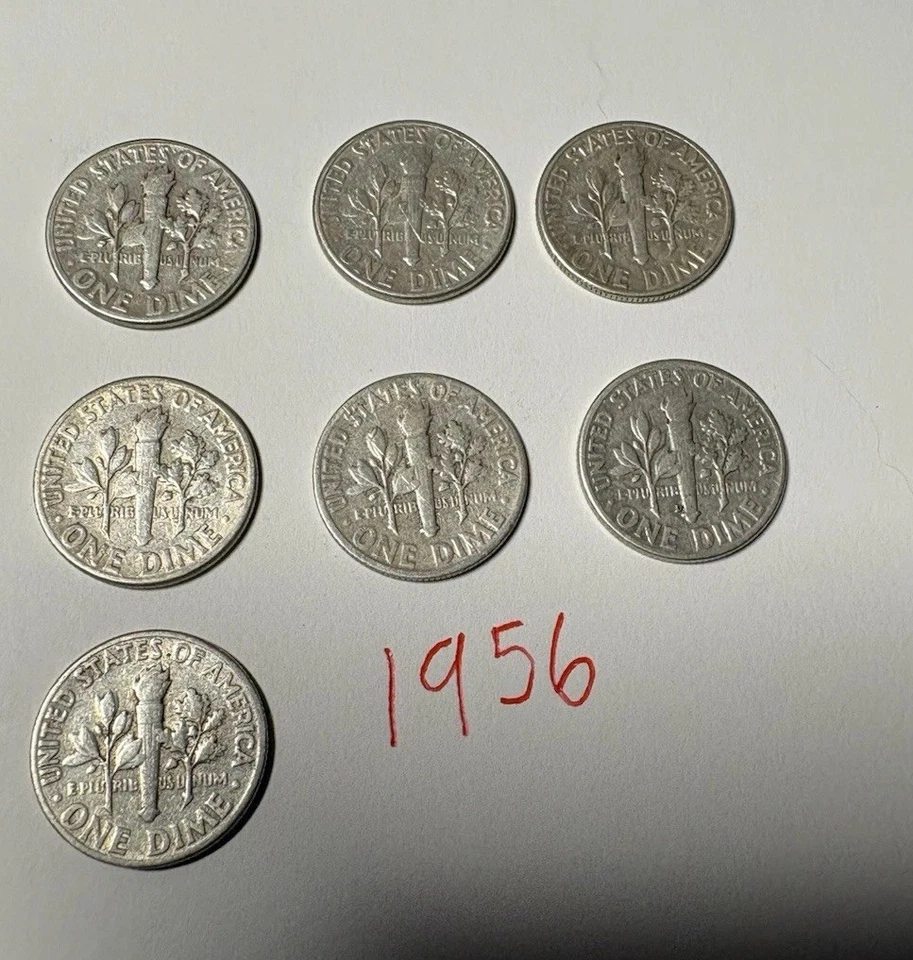 Lot of 7 1956 Roosevelt Silver Dimes - Circulated Condition - Image 2 of 2