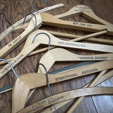 Lot 10 Vintage MCM Wood Advertising Hotel Fur Clothes Hangers FLORIDA NYC