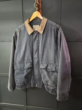 Vintage L.L.Bean Jacket, 100% Cotton With Leather Collar. XL, Navy, Zipper
