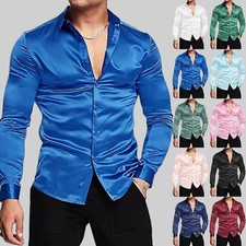 Mens Satin Silk Shirt Long Sleeve Luxury Solid Wedding Dancing Casual Tops Dress