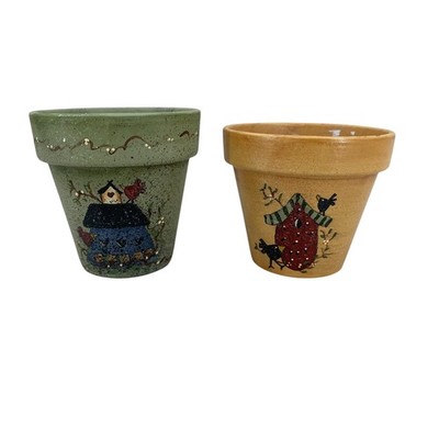 Lot of 2 Fall Birdhouse Themed Clay Pots Handcrafted 3.25'' Tall 3'' Wide