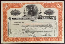 1929 SPLITDORF - BETHLEHEM ELECTRICAL CO  Stock Certificate  Thomas A Edison