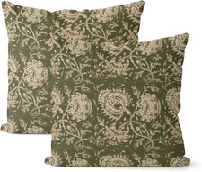 Green Pillow Covers 18x18 Inch Set of 2 Vintage Olive Green Floral Throw Pillows