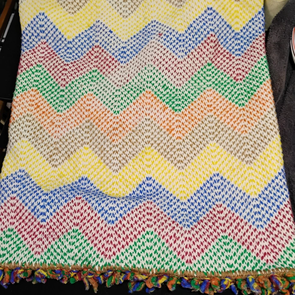 Vintage Handmade Geometric Design Chevron Crochet Simple Stitch Rainbow Afghan - Image 3 of 4