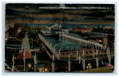 Postcard Night View Steeple Chase Swimming Pool c1931 Coney Island NY New York