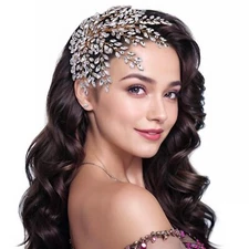 AMORARSI Wedding Hair Piece Bridal Rhinestone Headpiece Shiny Leaf-Shaped Hai...