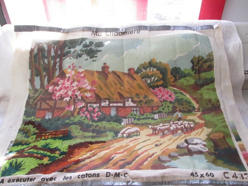 Vintage made in France D.M.C. needlepoint canvas, Ma Chaumiere, 20" by 16"