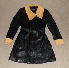 Marc.a.dolci Black And Tan Leather Womens Belted Coat Size M Satin Lined