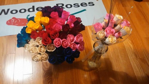 1/2 Open Wood Roses (Choose From Purple, Yellow, Lt Green & Lt Blue w/Blue Tips) - Picture 16 of 17