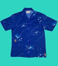 vintage 60's blue Hawaiian shirt M, good condition, floral/bird pattern