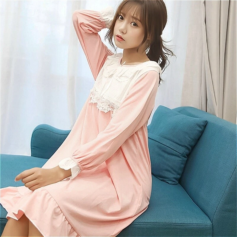 Women Soft Cotton Pajamas Nightgown Princess Lolita Dress Lace Sleepwear  Cute