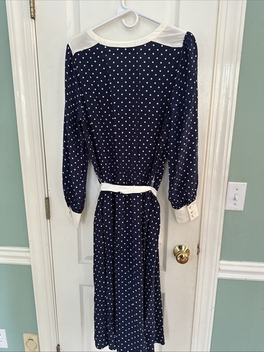 NWT TALBOTS Navy Blue Polka Dot With Belt Dress Size L - Picture 3 of 5