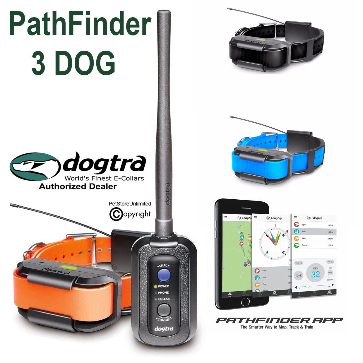 3 DOG Dogtra Pathfinder GPS Track & Train E-Collar Bundle Smartphone Based 9-Mi