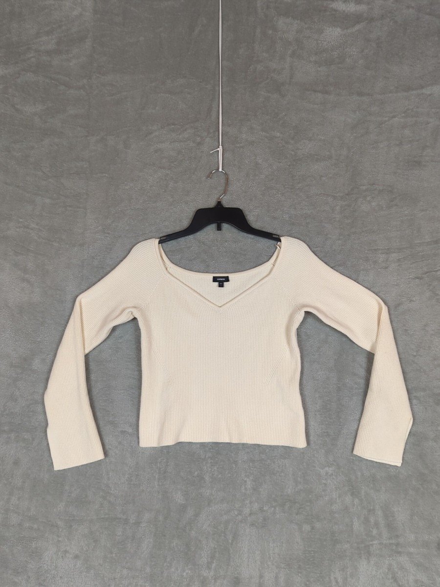 Express Knit Crop Top Sweater Womens L Long Sleeve Cropped Ivory Casual  Party
