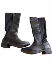 Women’s Black Faux Leather Mid Calf Stretch Boots Size 7 Zip Low Heel Comfort