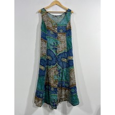 Magic 90s Vintage Resort Boho Abstract Batik Button Front Maxi Dress Women Large