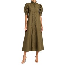 Hyacinth House Maxi Dress Shirt Ruffle Puff Sleeve Cotton Olive Green XS