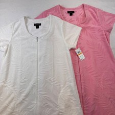 Set of 2 Miss Elaine Robe Pink White Leaf Print Short Sleeve Zip Front Women S