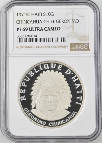 1971 C HAITI Silver 10 GOURDES NGC PF-69 CHIRICAHUA CHIEF GERONIMO
