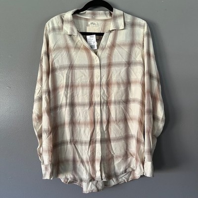 Thread & Supply Relaxed Fit Neutral Plaid Button Down Shirt MEDIUM NWT Viscose