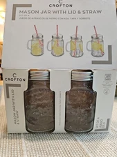 NEW CROFTON CLEAR Glass MASON JARS 4 Piece Set RED Striped Straws COLD DRINKS