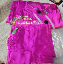 2pc Vintage Embroidered Satin asian Pajamas Loungewear 1950s NEW pink w dragon
