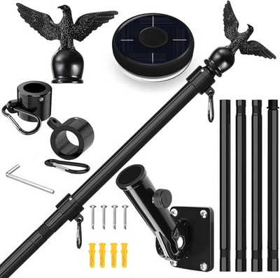 5ft WallMount Flag Pole Kit for 3x5 Flag, 1in SS, Solar Light, Adj Bracket