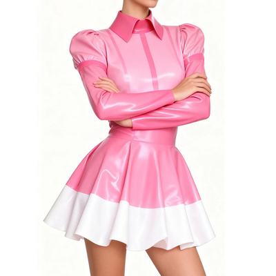 long sleeve pink latex dress Latex Dress Turn-down collar Rubber Long Sleeves Dress Fetish Party Costume