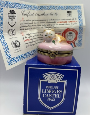#ad Limoges France Cat On Pink Pillow Trinket Box Porcelain $116.99