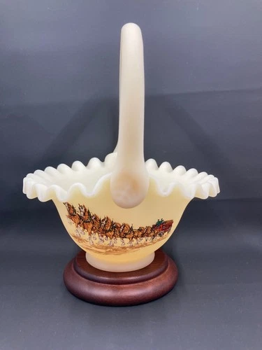 RARE Vintage Fenton Budweiser Clydesdale Glass Basket Satin Custard Handpainted