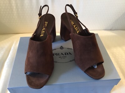 Prada brown suede peep toe sling back with block heel