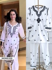 Shraddha Kapoor Bollywood Inspired White Cotton Chikankari Co-ord Set