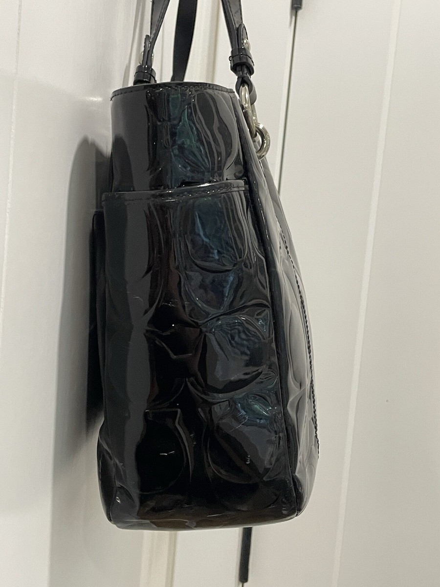 Coach Black Patent Leather Logo Handbag Shoulder Bag Purse Tote 2