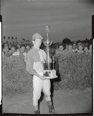 William Hartack Holding Racing Trophy 1955 Photo - Jockey Willie Hartack holds a
