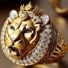 Men's Iced Lion Head Pinky Ring 18K Gold Plated Bling CZ Vintage Style Size 8 12