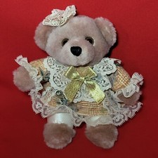 VTG Teddy Bear Lace Dress  Ribbon Plush Toy