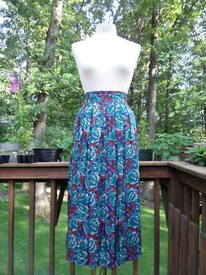 1980s Teal Floral Pleated Skirt l Size Large