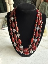 Vintage multi-strand red glass, crystal and silver bead necklace