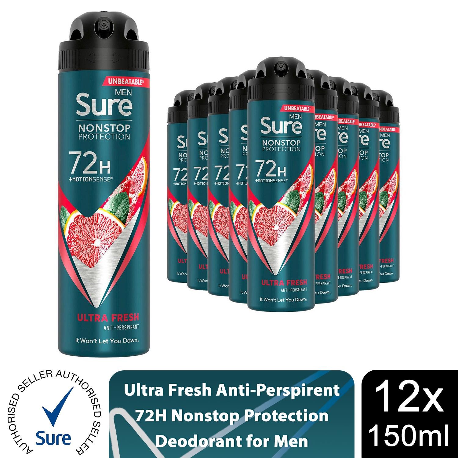 Sure Men Nonstop Protection 72H Antiperspirant Deodorant Ultra Fresh 150ml, 12pk