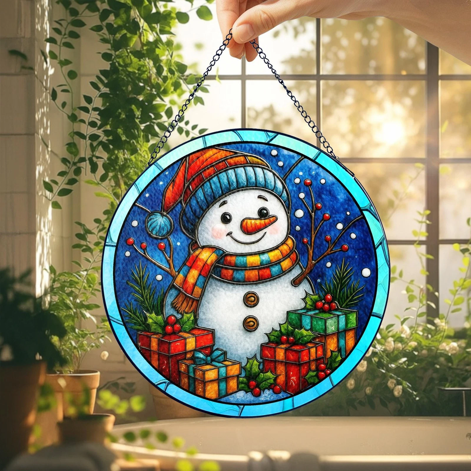 Snowman Stained Glass Suncatcher Christmas Window Hanging Ornament