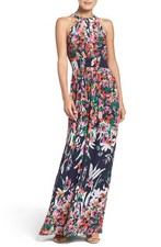 Eliza J Floral Chiffon High Neck Tie Back Maxi Dress Wedding Resort 18 NWT