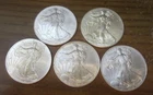 LOT of 5, 1oz .999 SILVER AMER. EAGLES-NOT PERFECT TONE,SCRATCH, etc.