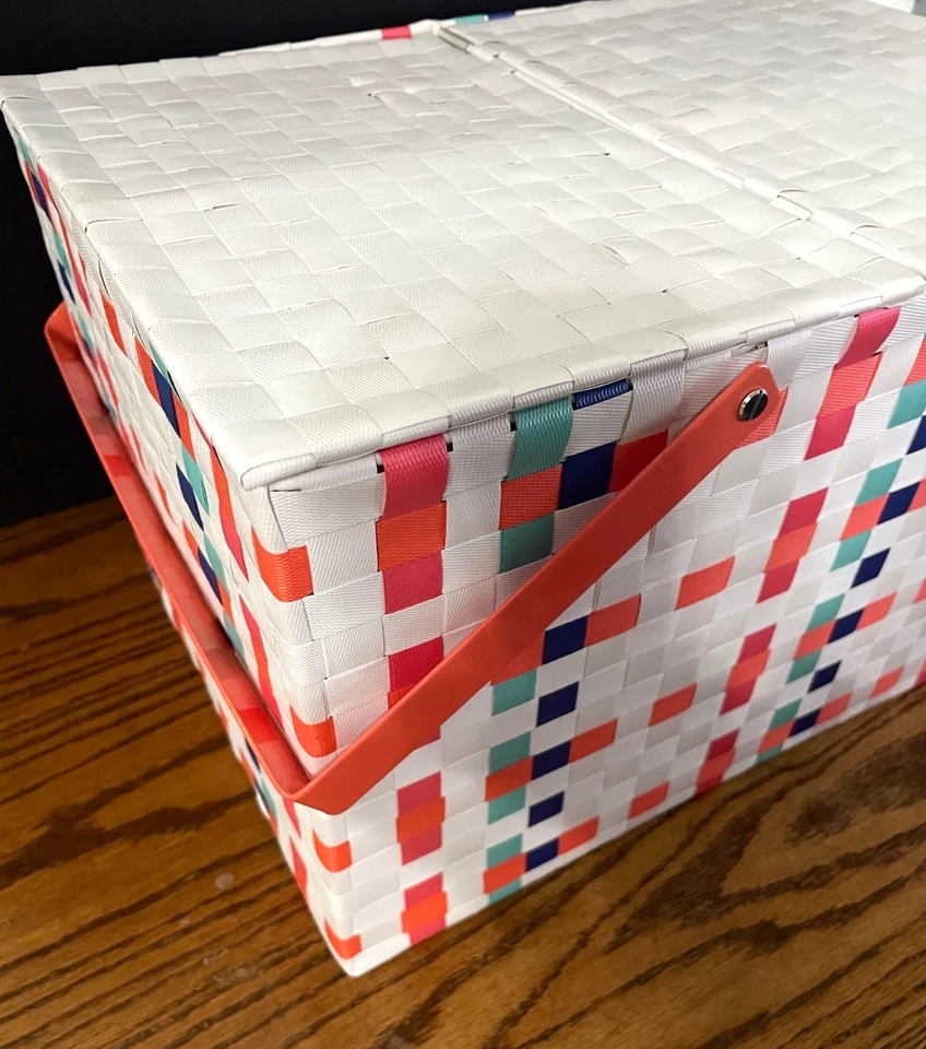 Large flat wicker Rectangular Picnic Basket w/ Handles Colorful! 15 x 11 x 9.5 - Image 4 of 4