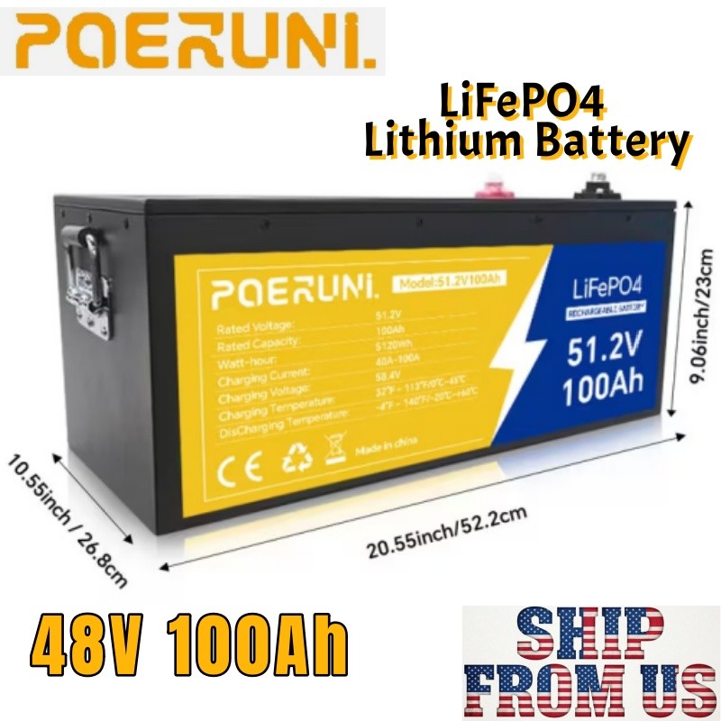 48V 100Ah LiFePO4 Battery Lithium BMS For Golf Cart RV Solar 5120Wh LCD Monitor