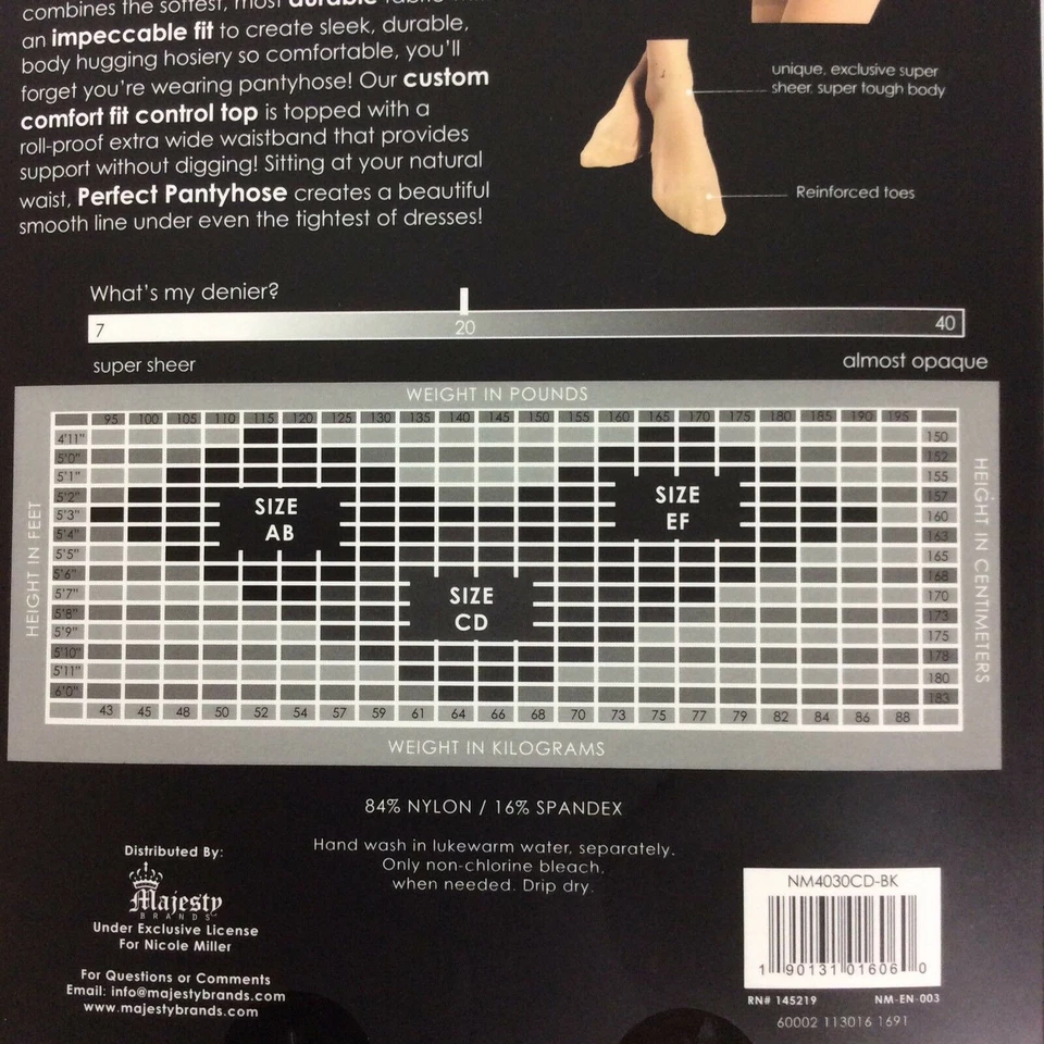 Nicole Miller New York Perfect Sheer Pantyhose Size CD Large Black Control Top - Image 3 of 3