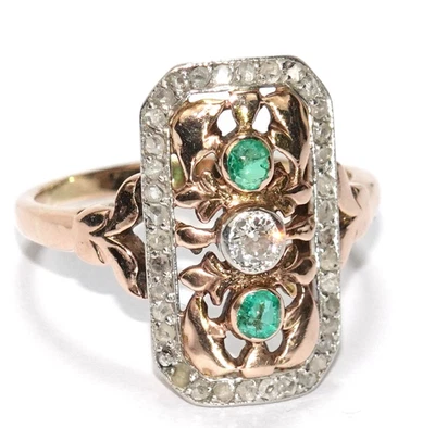 Ring Gold antik Art Deco Altschliff 010 Smaragd 012 Rosen 083 14K/585 Gr.55-56 - Bild 1 von 4