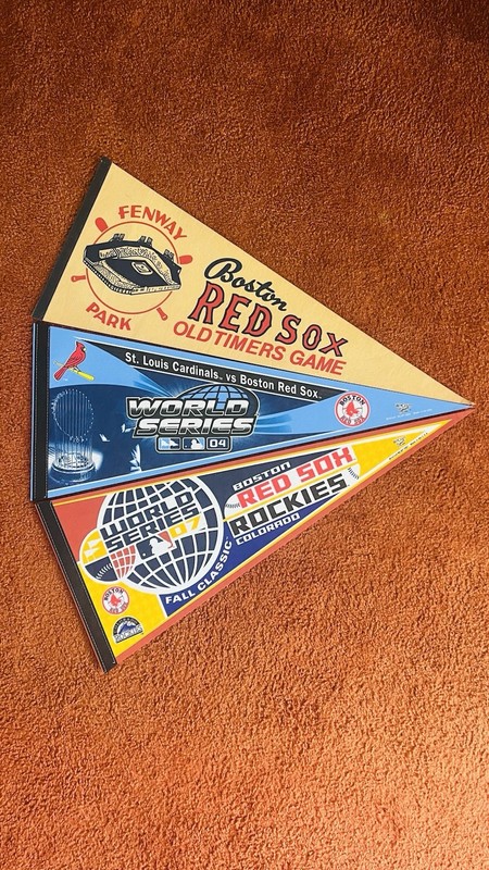 3 Vintage Boston Red Sox Pennants. 1980 Old Timers Game, 2004, 07 World Series