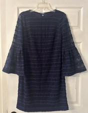 Womens CHAPS Navy Blue Crochet Knit Flare Sleeve Fully Lined Dress, Sz 6