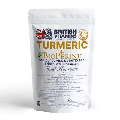 BRITISH VITAMINS Turmeric Complex 580mg 96% Curcuminoids 66:1 + Bioperine Black pepper